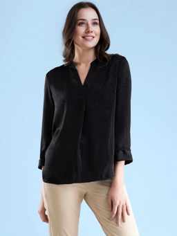 FableStreet - Black Satin V Neck Front Pleat Top