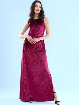 FableStreet - Magenta Pink Velvet V Neck Maxi Dress