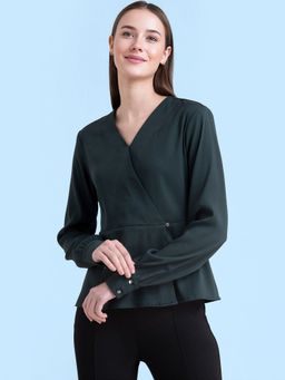 FableStreet - Bottle Green V Neck Wrap Top