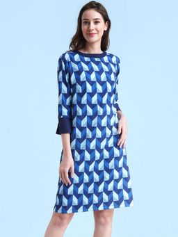 FableStreet - Blue Geometric Print Colour Block Shift Dress
