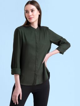 FABLE STREET - Olive Conceal Placket Mandarin Collar Shirt