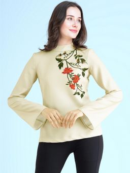 FABLE STREET - High Neck Floral Placement Print Top Beige and Orange
