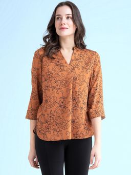 FableStreet - Mandarin V Neck Floral Top Rust and Black