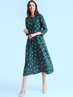 FableStreet - Floral Print A Line Dress Olive