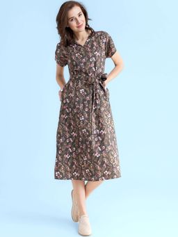 FableStreet - Cotton Floral Dress - Olive