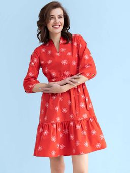 FABLE STREET - Cotton Floral Tiered Dress - Red