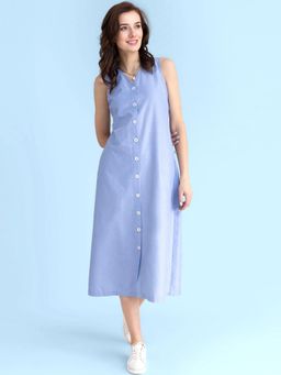 FableStreet - Cotton Button Down Dress - Blue