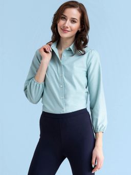 FABLE STREET - Cotton Shirt Collar Top - Sap Green