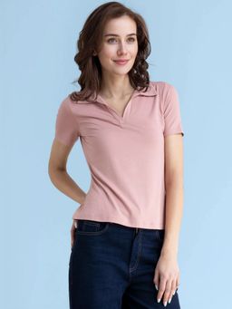 FableStreet - Pink 4 Way Stretch Collared Liv In Tee Cotton