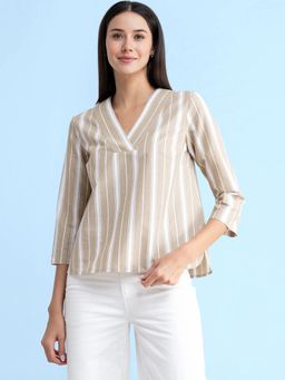 FABLE STREET - Linen Striped Top - Beige