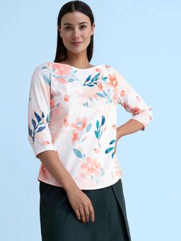 FABLE STREET - Floral Boat Neck Top - White and Peach