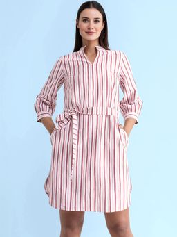 FableStreet - Linen Striped Shift Dress - Pink