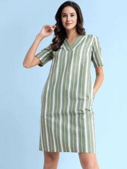 FableStreet - Linen Striped Shift Dress - Olive