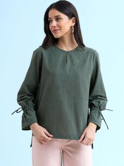 FABLE STREET - Linen Tie Up Sleeve Top - Olive