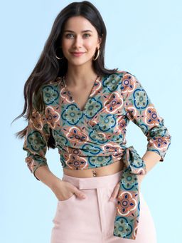 FableStreet - Satin Printed Wrap Top - Multicolour
