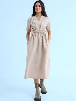 FableStreet - Linen Dress With Elasticated Waist - Beige
