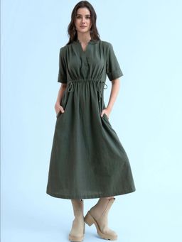 FableStreet - Linen Dress With Elasticated Waist - Olive