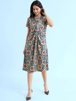 FABLE STREET - Satin Printed Knot Dress - Multicolour