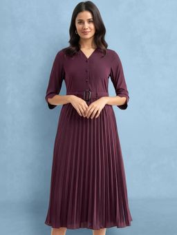 FableStreet - Wine Collared A-Line Pleated Dress