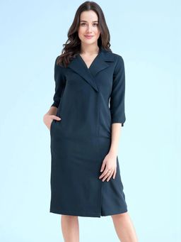 FableStreet - Blue Lapel Collar Shift Dress