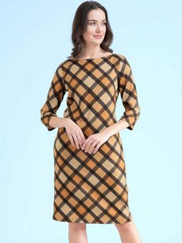 FableStreet - Beige Boat Neck Checkered Shift Dress