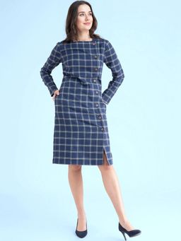 FableStreet - Navy Blue Buttoned Plaid Shift Dress