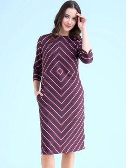 FableStreet - Maroon Geometric Stripes Shift Dress