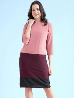 FableStreet - Pink Boat Neck Colour Blocked Shift Dress