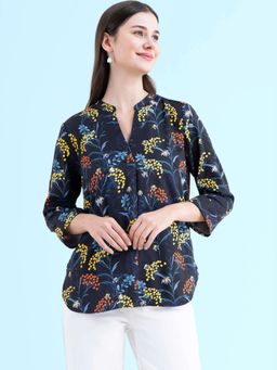 FABLE STREET - Floral Front Pleat Top - Navy Blue