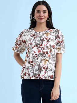 FABLE STREET - Floral Balloon Sleeve Top - White and Red