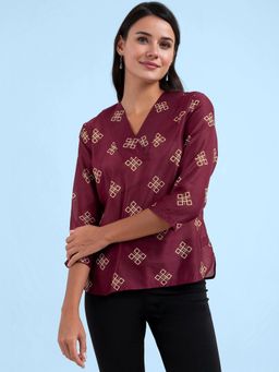 FableStreet - Chanderi Indian Motif Top Maroon