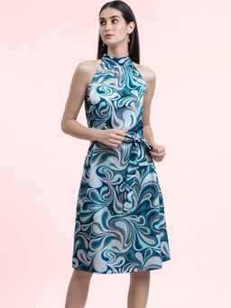 FABLE STREET - Satin Abstract Print A-Line Dress Multicolour
