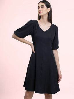 FABLE STREET - Puff Sleeve A-Line Dress Black