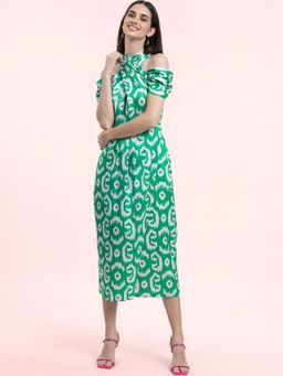 FABLE STREET - Satin Wrap Dress Green and White