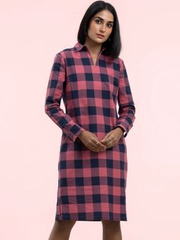 FableStreet - Cotton Checkered Shift Dress-Pink and Navy