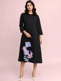 FableStreet - Floral Print A-Line Dress-Black