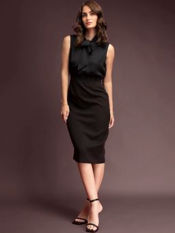 FableStreet - Satin Tie-Up Shift Dress-Black