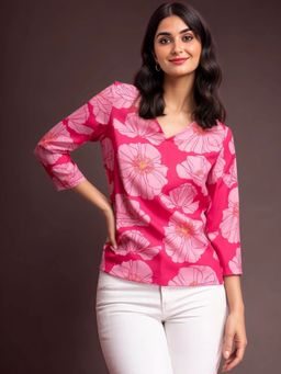 FableStreet - V-Neck Floral Top-Fuchsia