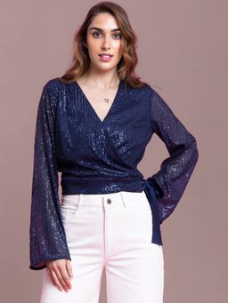 FABLE STREET - Sequin Wrap Top Navy Blue