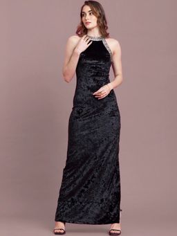 FableStreet - Velvet Maxi A Line Dress Black