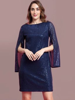 FableStreet - Sequin Slit Sleeves Shift Dress Navy Blue