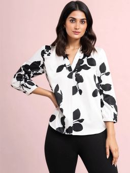 FableStreet - Satin Floral Print Top - White and Black