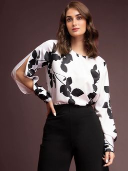 FableStreet - Satin Slit Sleeve Top - White and Black