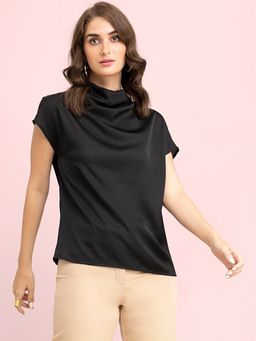 FableStreet - Satin Cowl Neck Top - Black