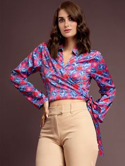FABLE STREET - Satin Geometric Print Top - Blue and Pink