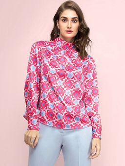 FableStreet - Satin Geometric Print Top - Pink