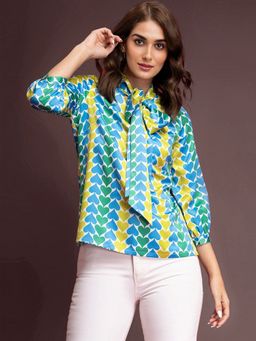 FableStreet - Pussy Bow Tie Up Top - Multicoloured