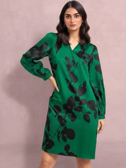 FableStreet - Satin Floral Print Shift Dress - Green and Black