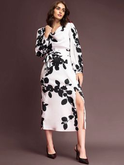 FableStreet - Satin Floral Print A-line Dress - Black and White