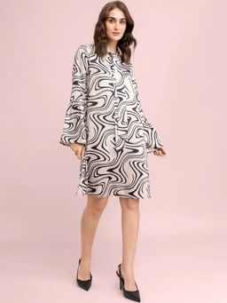 FableStreet - Satin Abstract Print Shift Dress - Beige and Black